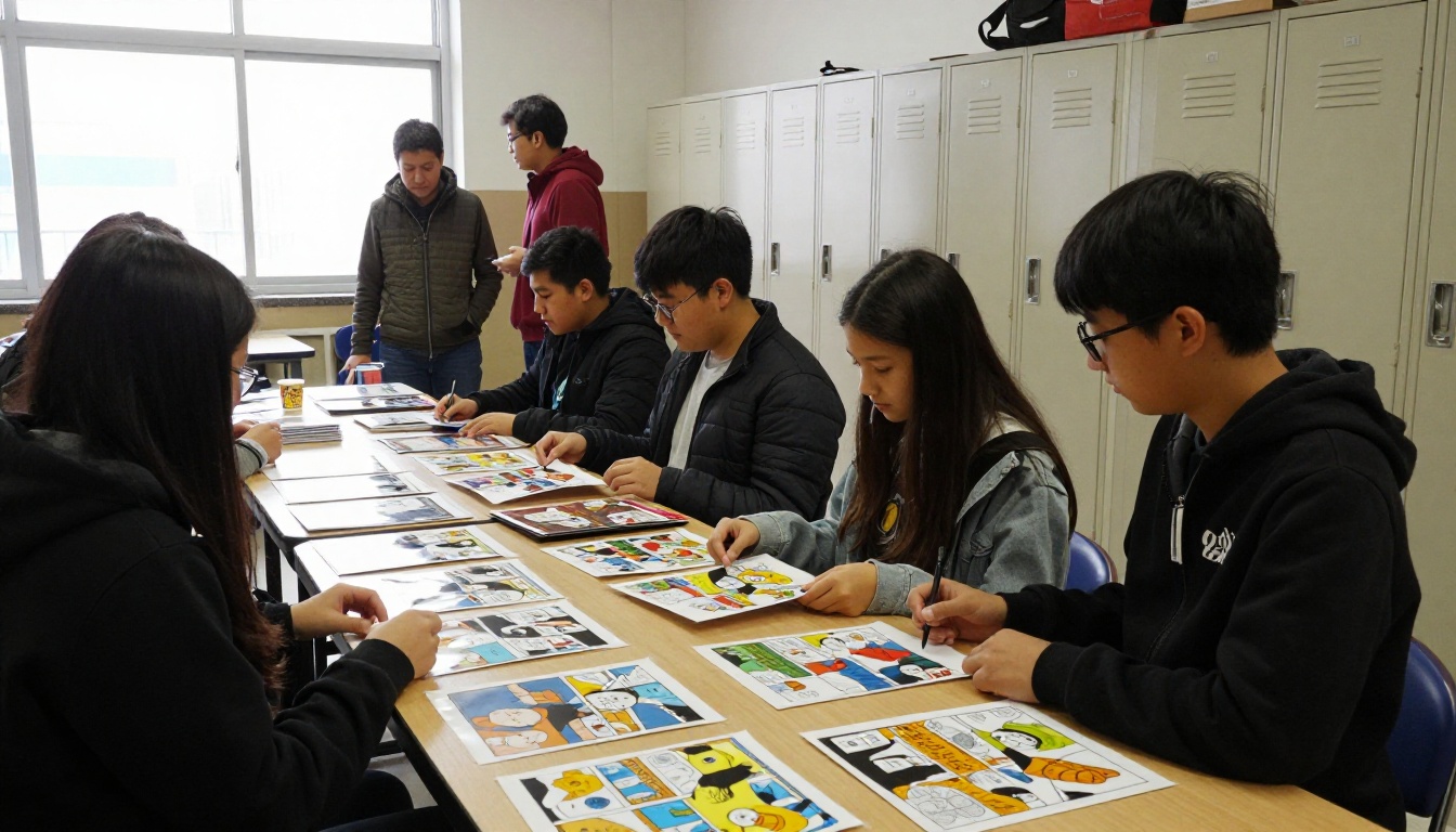 Students presenting comic books at a school exhibition Students presenting comic books at a school exhibition