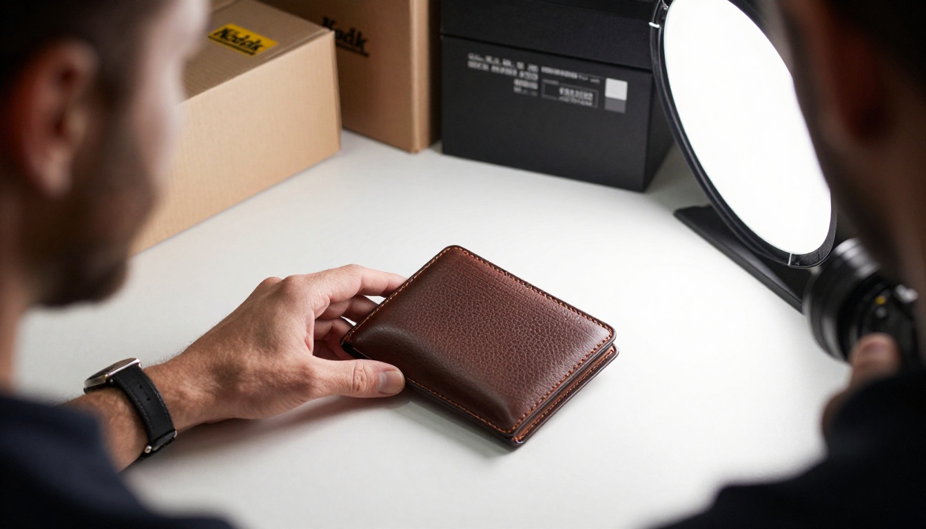 Photographing a leather wallet in a small warehouse