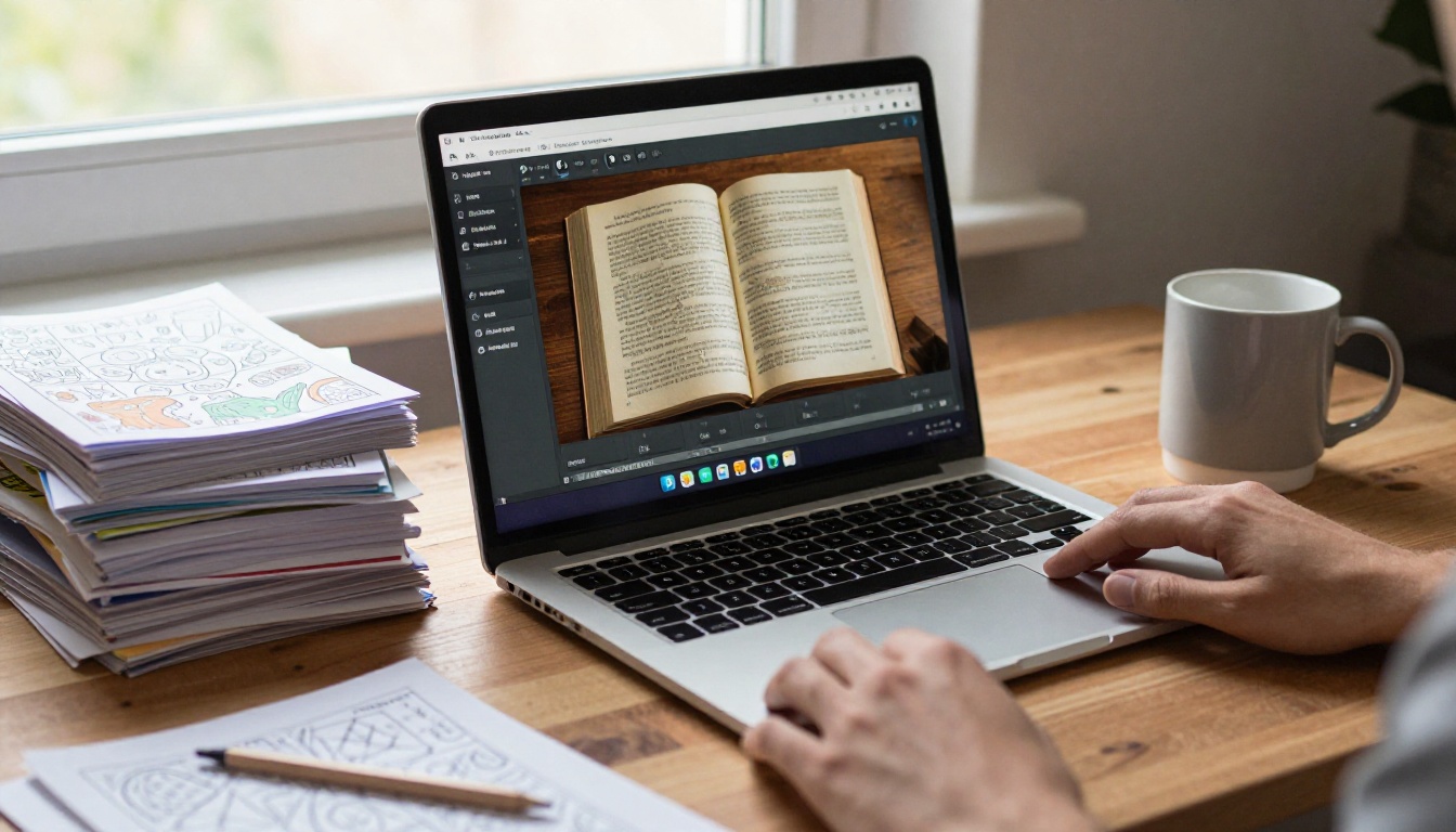 Laptop showing a digital page-turning book next to printed coloring pages Laptop showing a digital page-turning book next to printed coloring pages