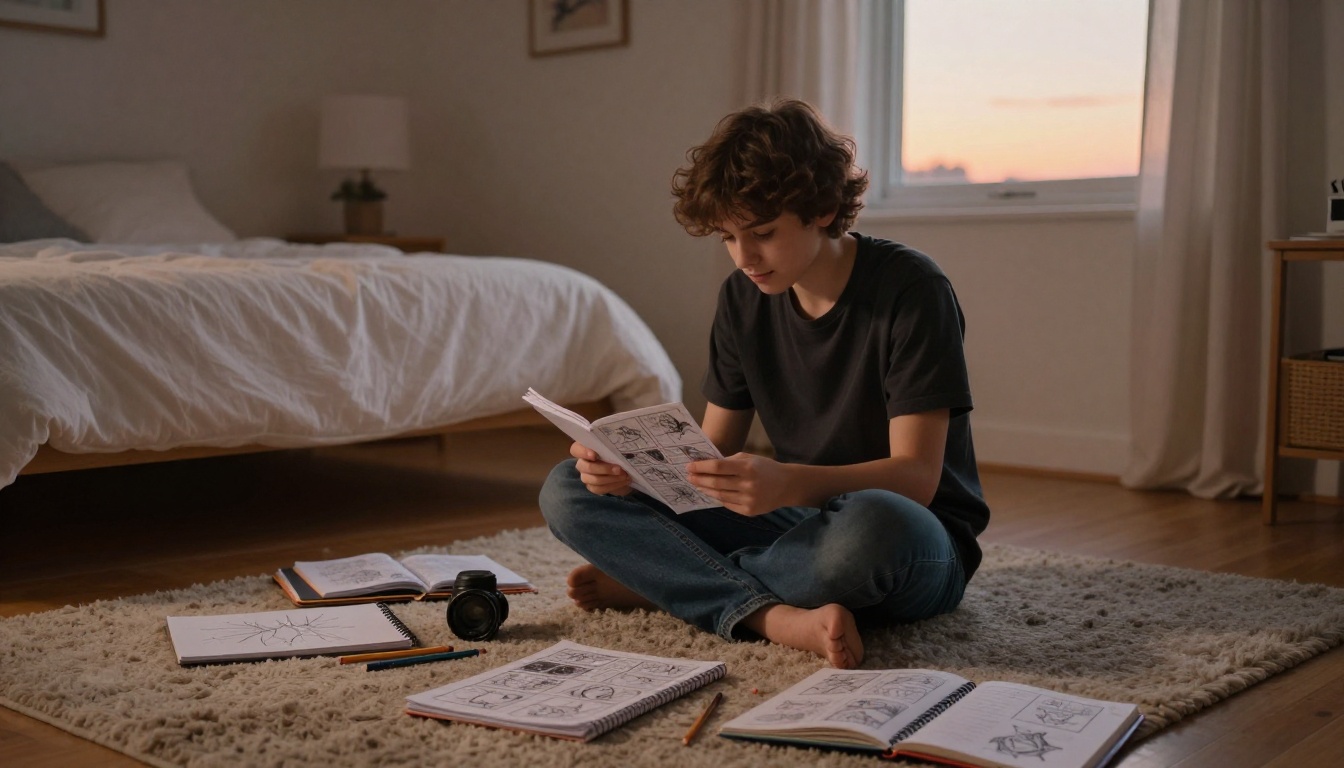 Young creator reading a handmade comic zine at home Young creator reading a handmade comic zine at home