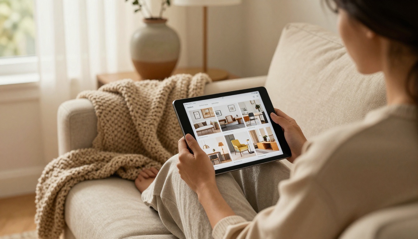 Customer viewing a decor catalog on a sofa