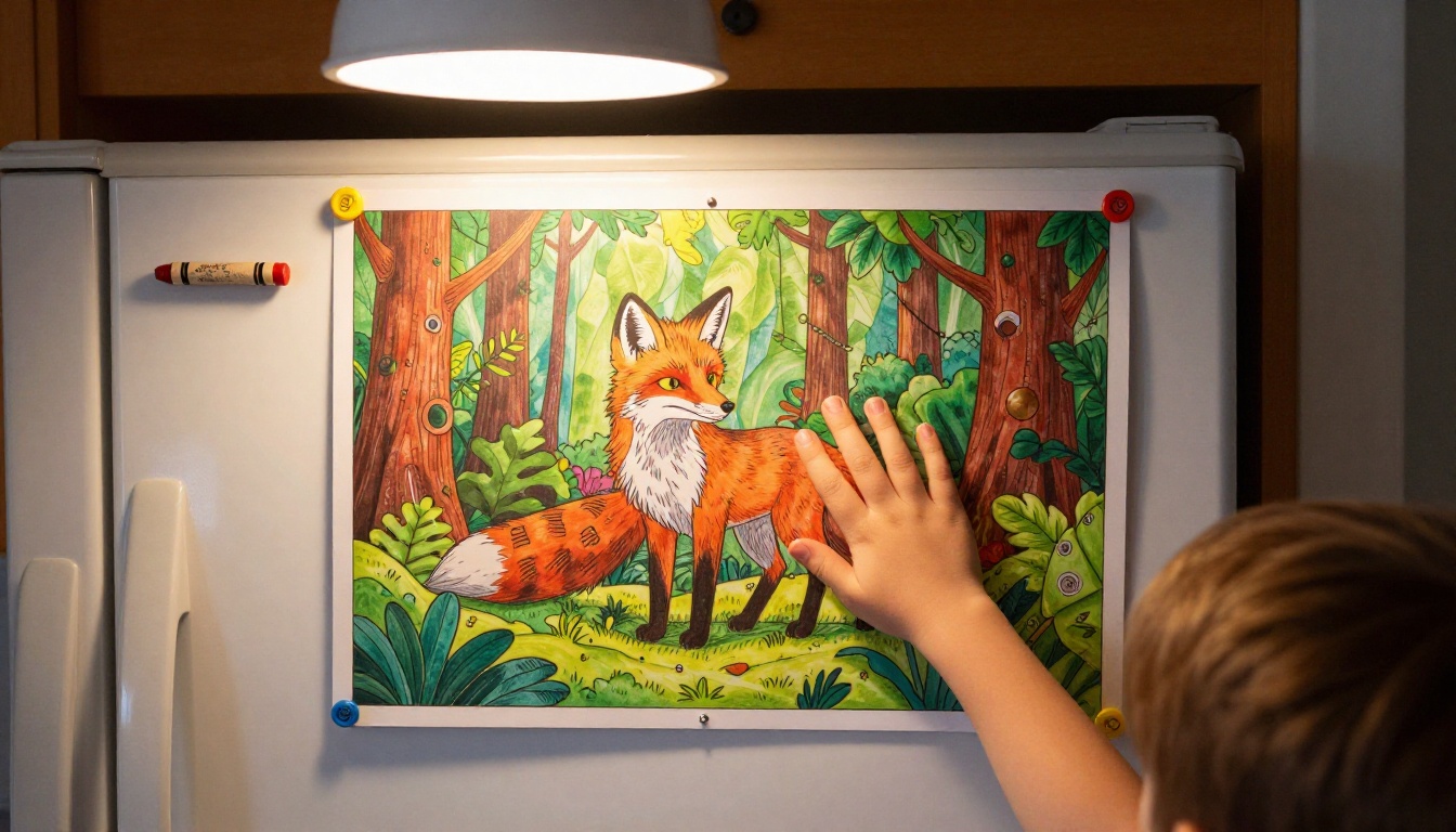 Finished fox coloring page pinned on a refrigerator by a child Finished fox coloring page pinned on a refrigerator by a child