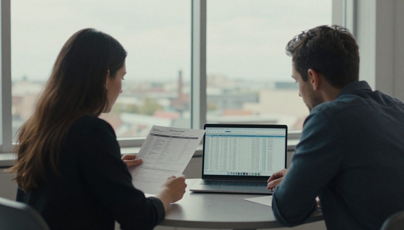 Coworkers comparing printed price sheets