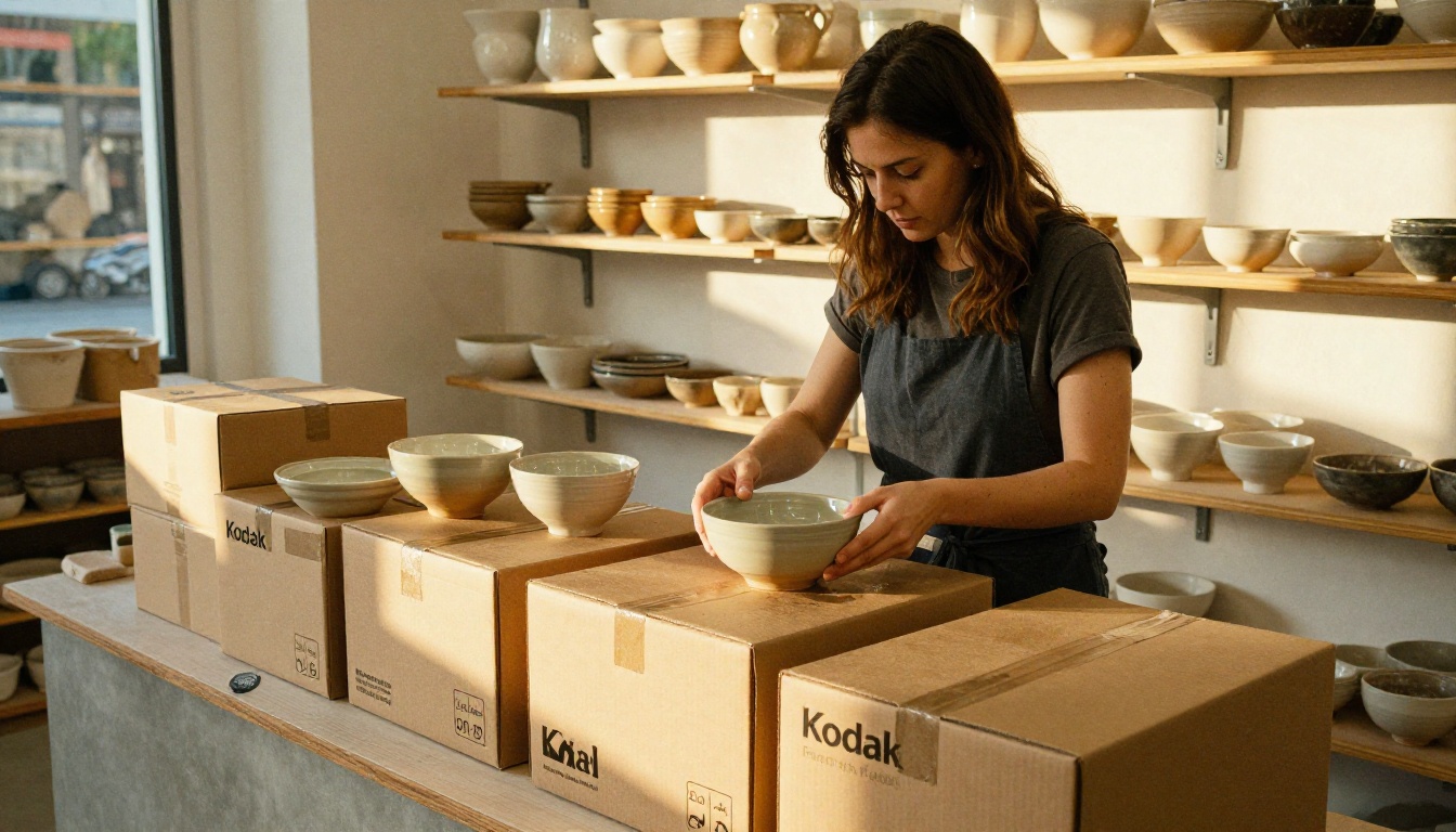 Packing a ceramic bowl at a craft shop counter