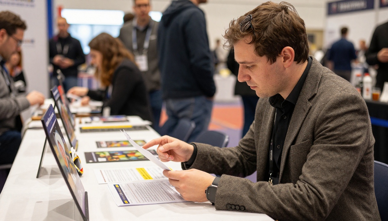 A publisher representative reading a one page sheet at a convention booth A publisher representative reading a one page sheet at a convention booth