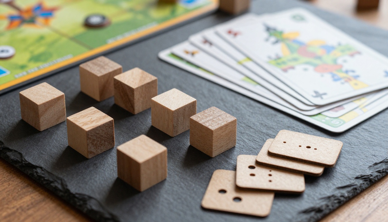 Macro photo of wooden cubes, cards and tokens on slate Macro photo of wooden cubes, cards and tokens on slate
