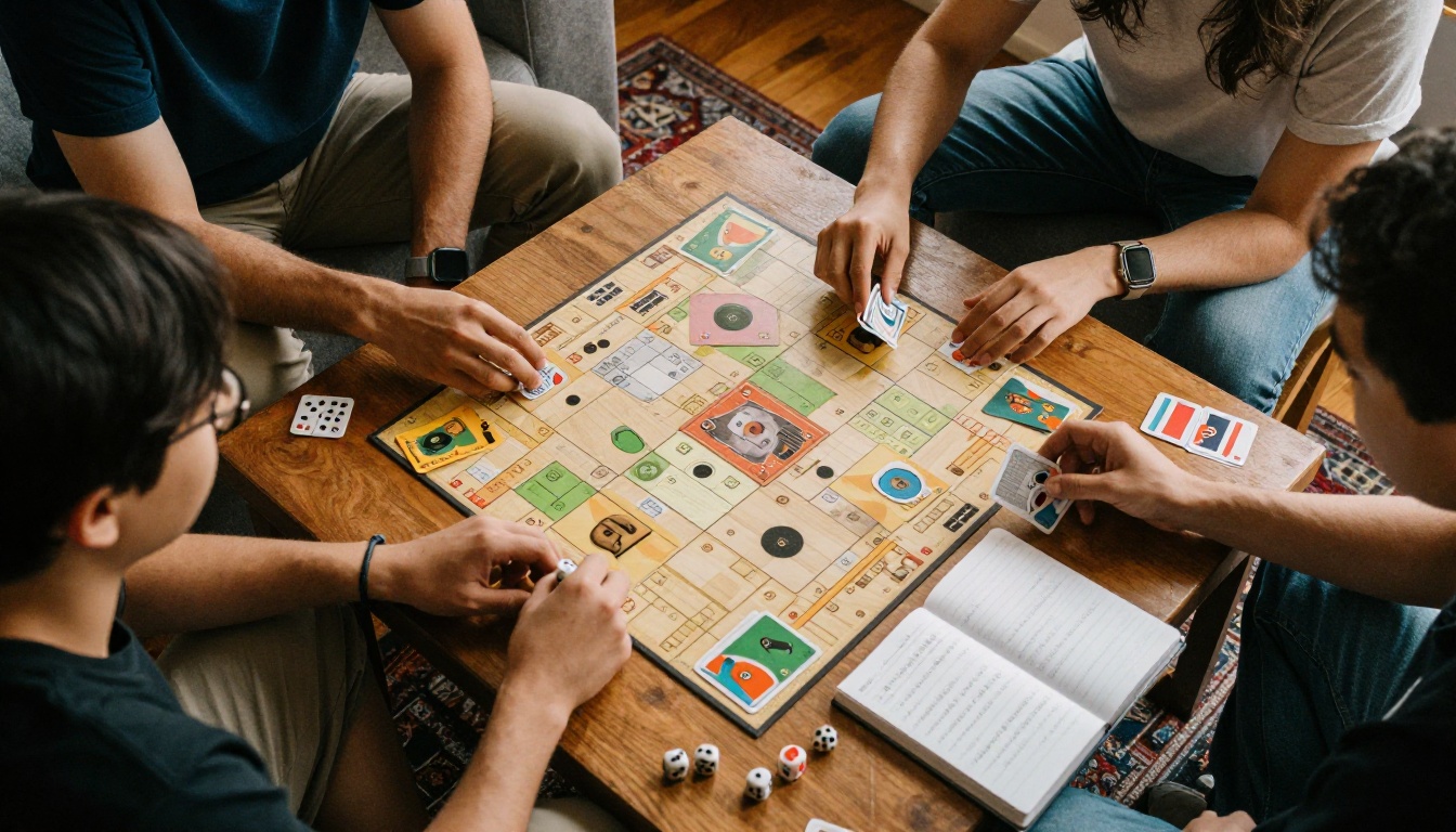 Four friends playing a prototype board game around a living room table Four friends playing a prototype board game around a living room table