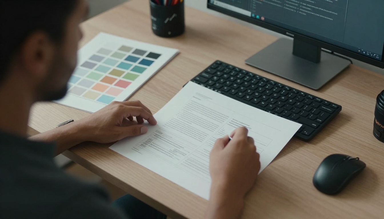 Overhead of a designer with notebook feedback beside a prototype game Overhead of a designer with notebook feedback beside a prototype game