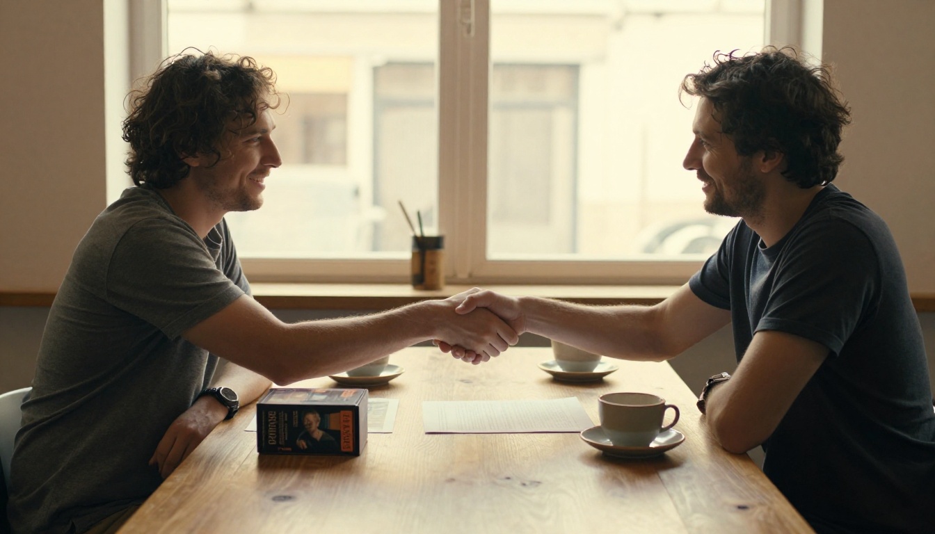 Designer and publisher shaking hands across a cafe table with a prototype box Designer and publisher shaking hands across a cafe table with a prototype box