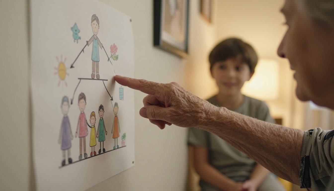 Grandmother pointing at a hand-drawn family tree