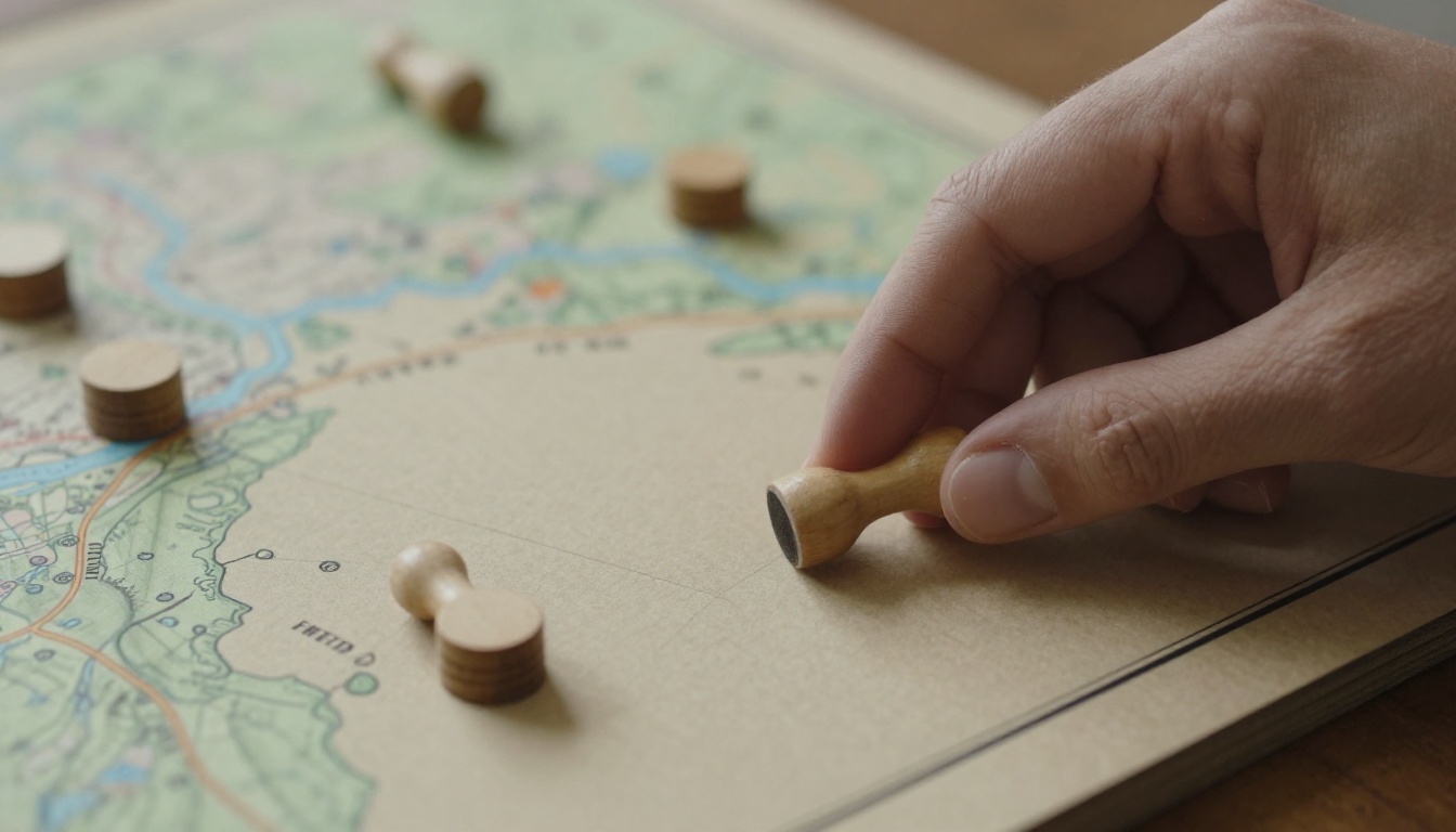 A hand moving wooden pieces on a map style board during gameplay A hand moving wooden pieces on a map style board during gameplay