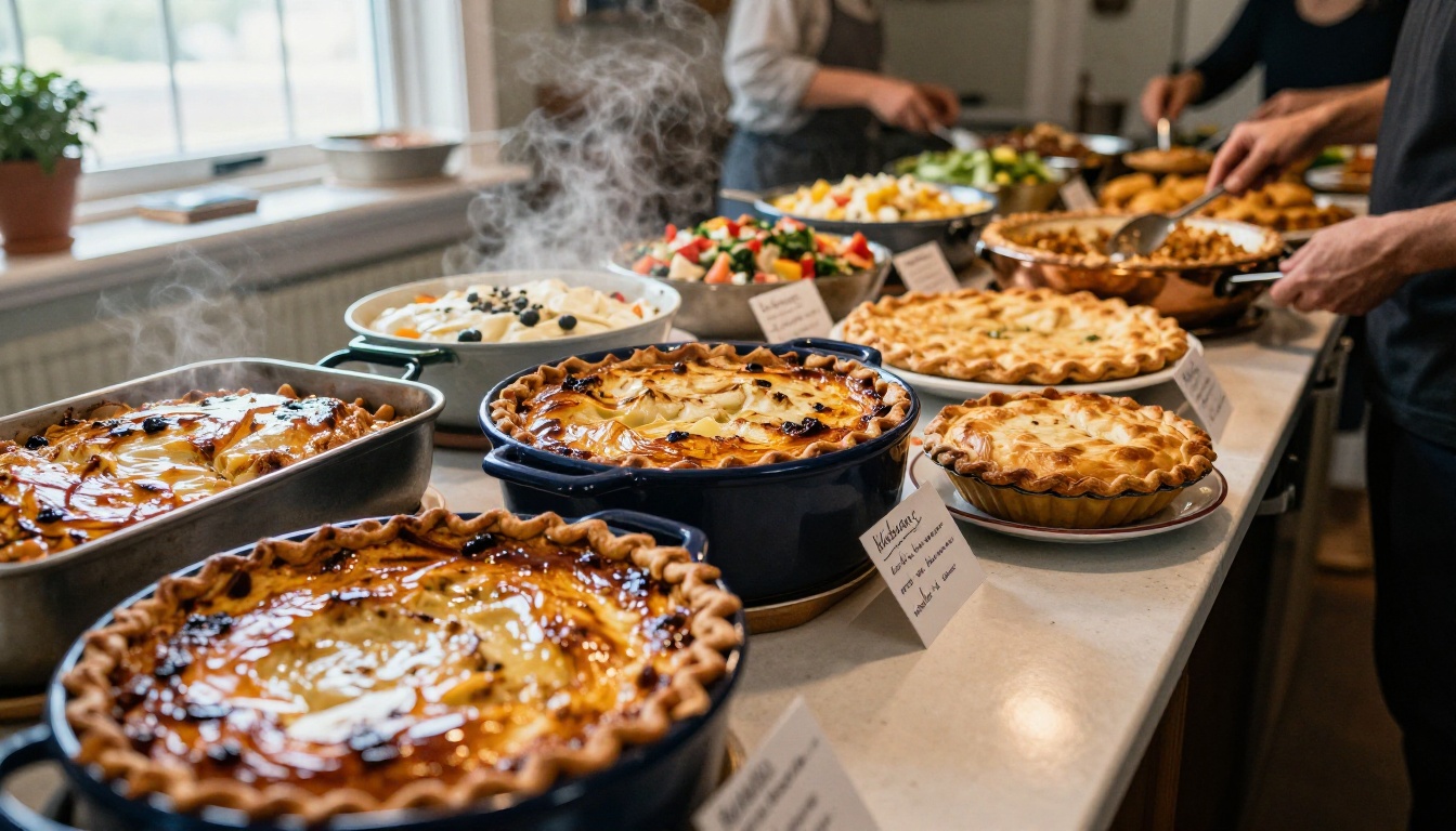 Buffet table with homemade dishes and handwritten recipe cards