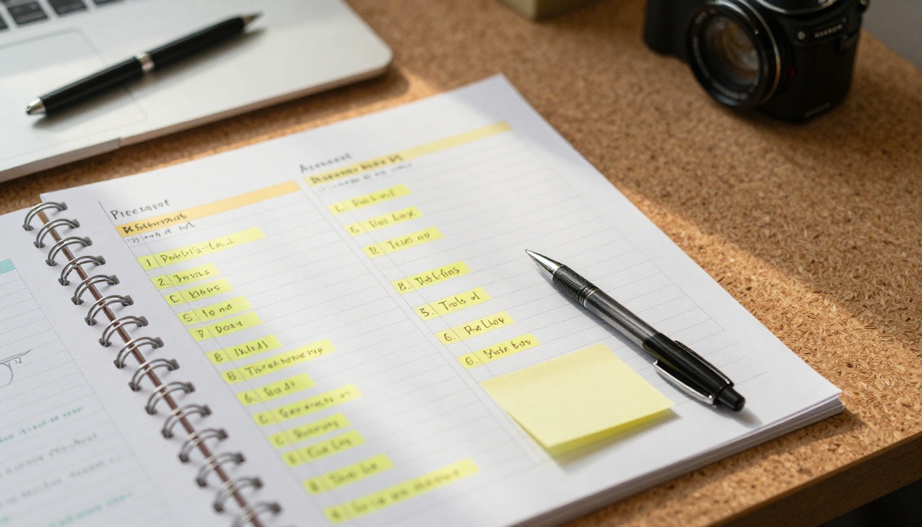 A pinboard with checklists and sell sheet drafts above a desk A pinboard with checklists and sell sheet drafts above a desk