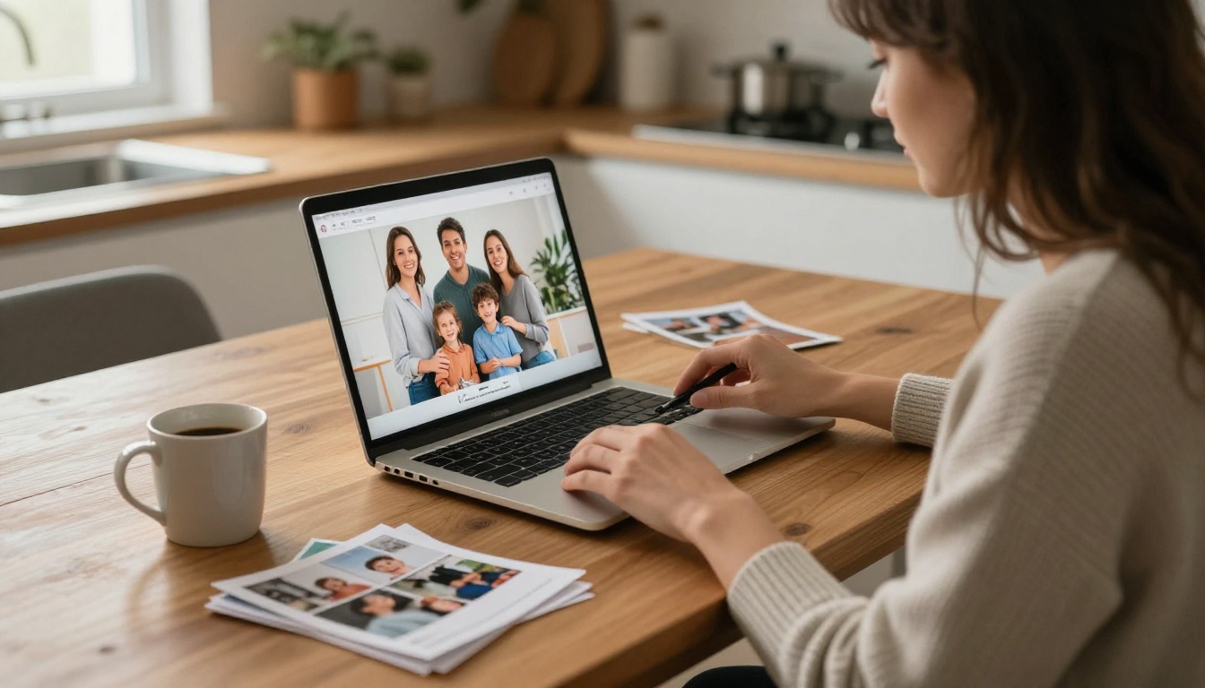 Woman assembling a family booklet layout on a laptop at a kitchen table