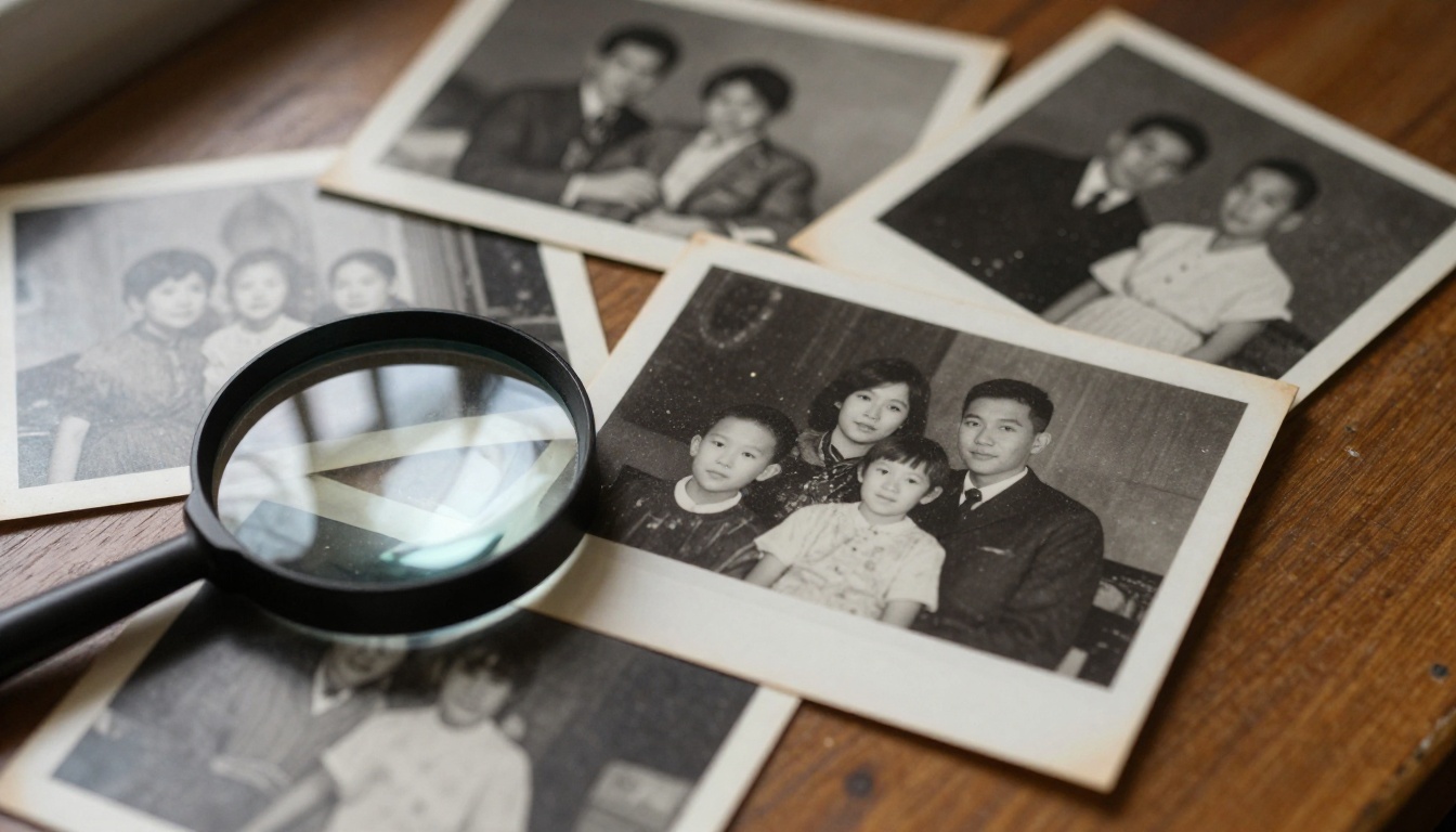 Shoebox of old family photographs on a wooden table