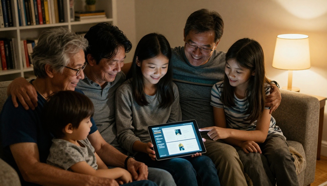Family members reading a digital booklet on a tablet