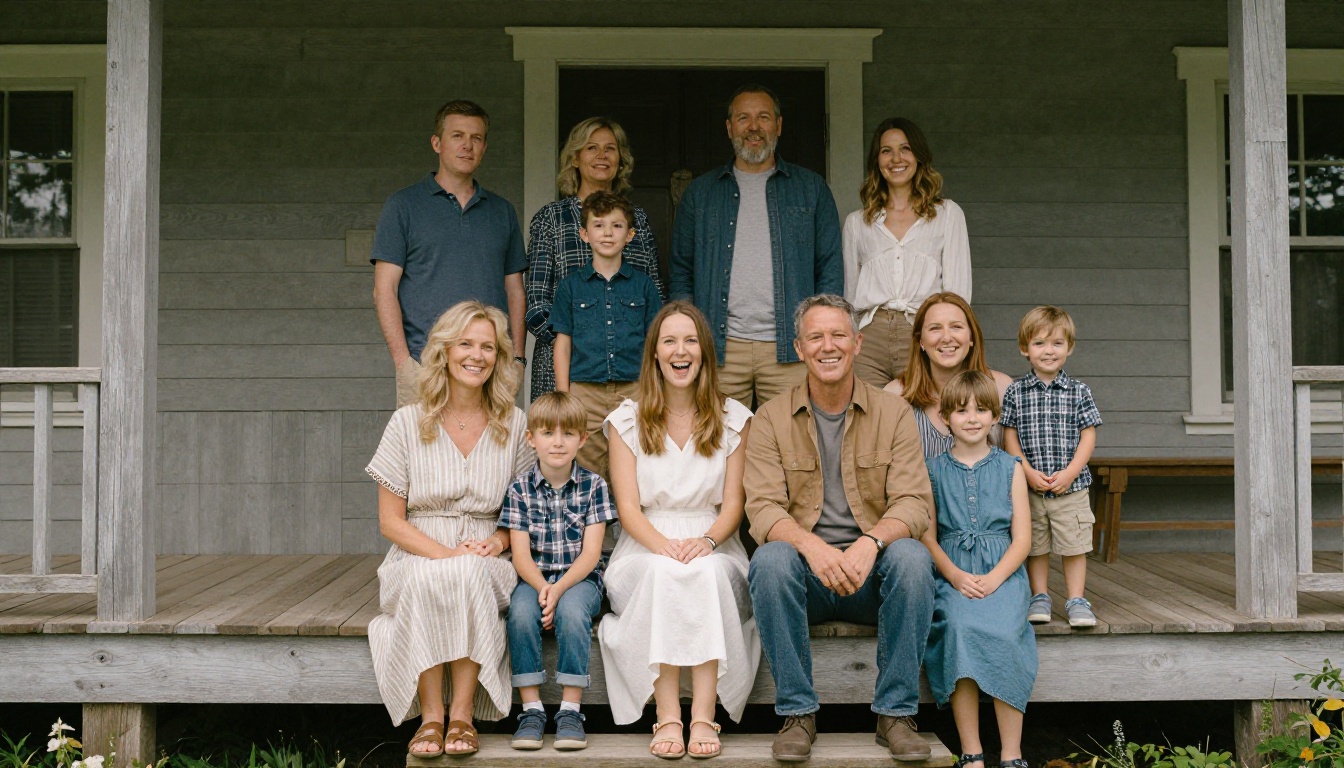 Large family group portrait on a country house porch