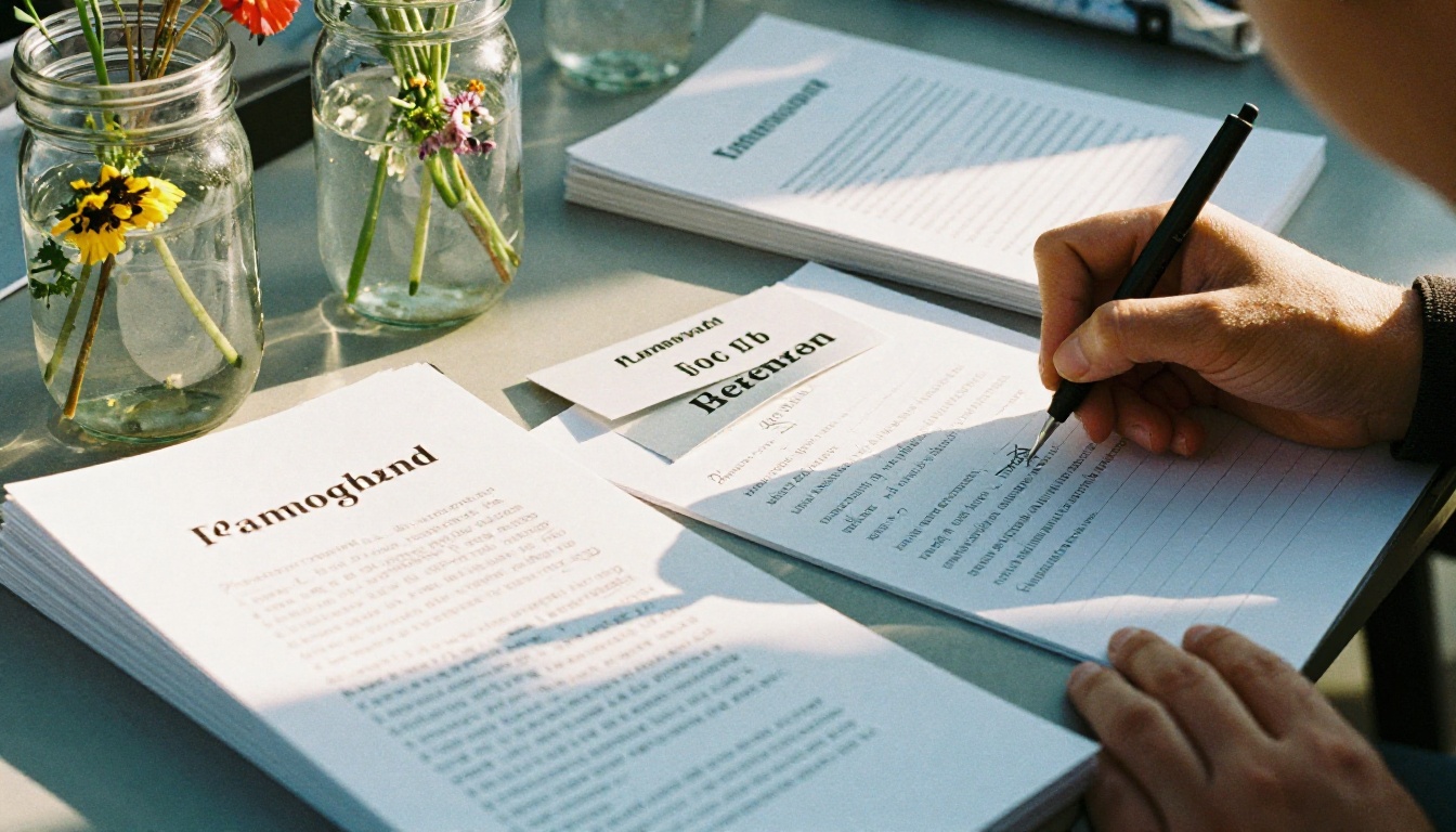 Printed reunion keepsake booklets beside name badges and wildflowers
