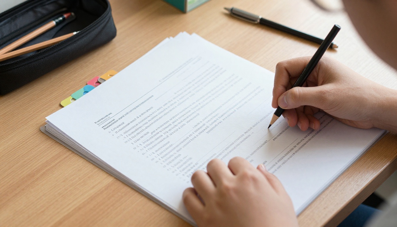 A teenager arranging writing samples and a transcript into a portfolio binder