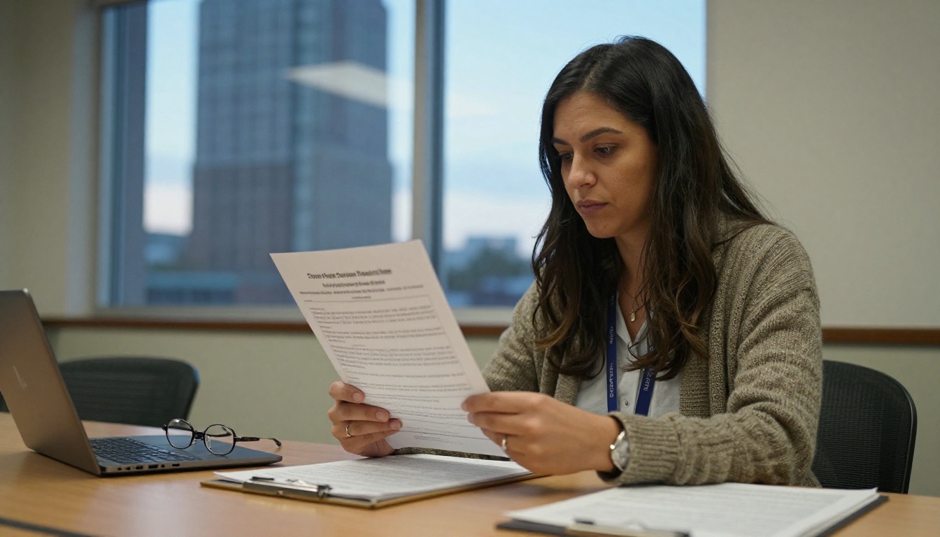 A district evaluator reading a homeschool portfolio at a conference table