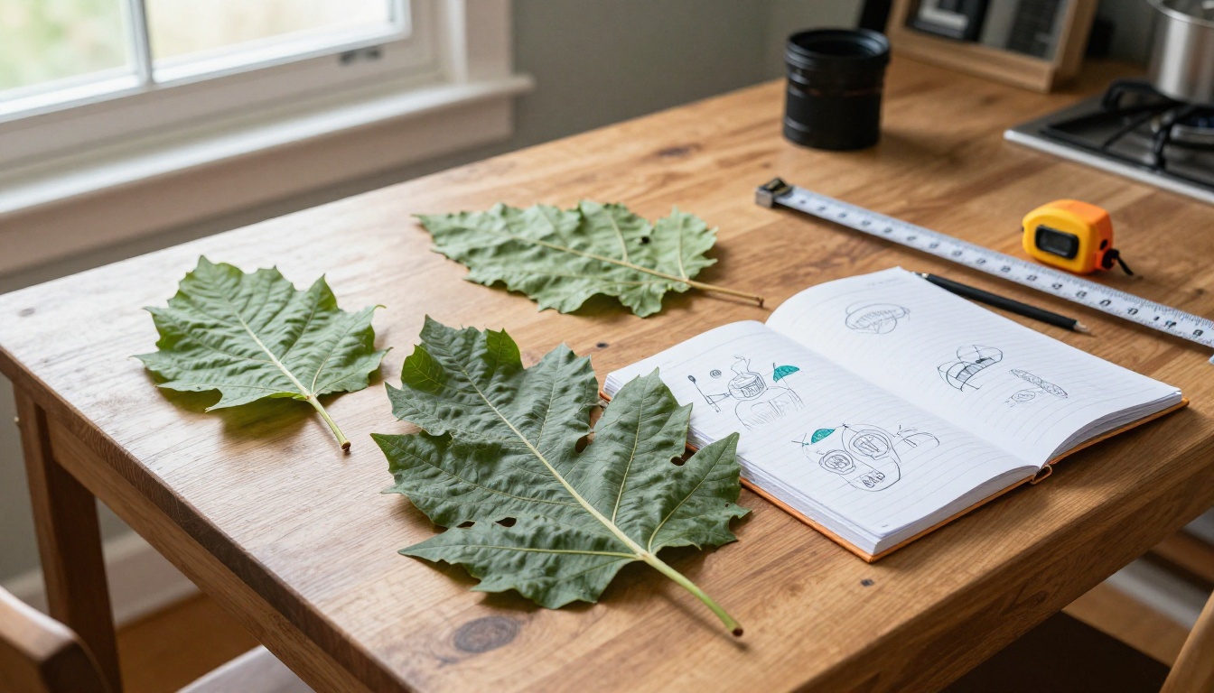 A kitchen table covered with science samples, a leaf collection and sketches