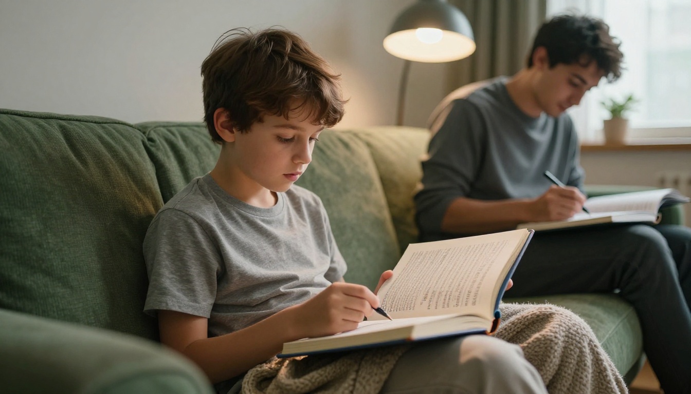 A boy reading aloud while his father records notes in a reading log