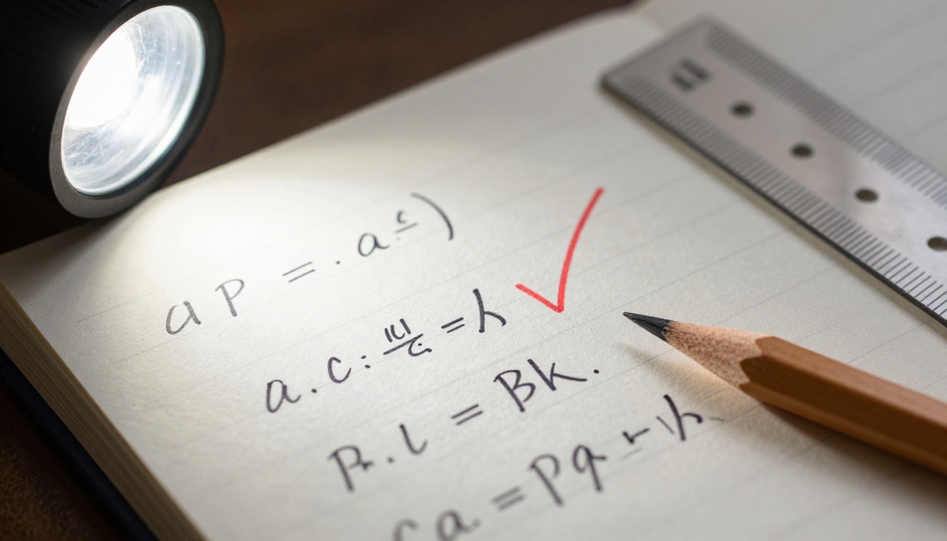 A corrected handwritten math notebook page with a red checkmark