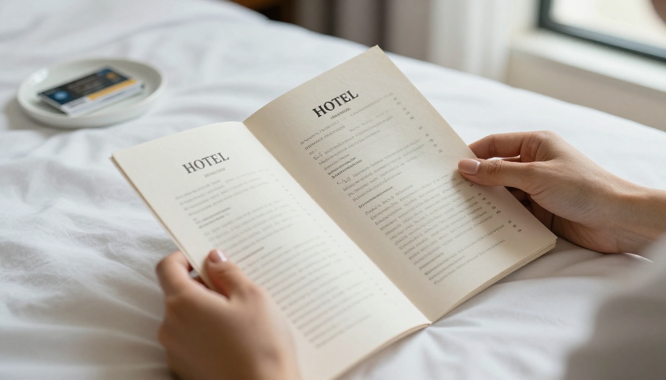 A guest's hands holding an open printed hotel room directory on a white duvet