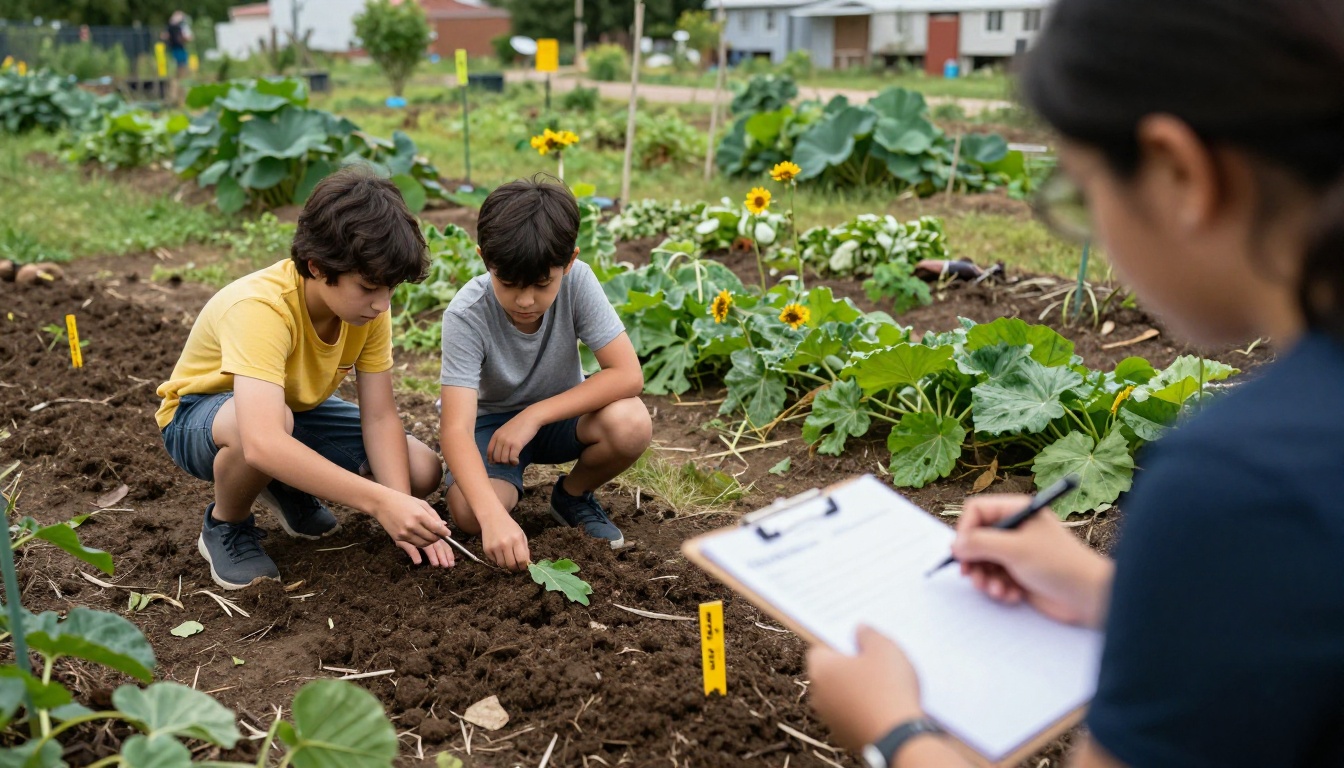 Two teens measuring soil in a community garden while a parent takes photos