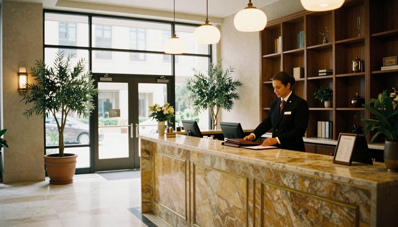 A concierge placing a leather folder on a marble hotel reception counter