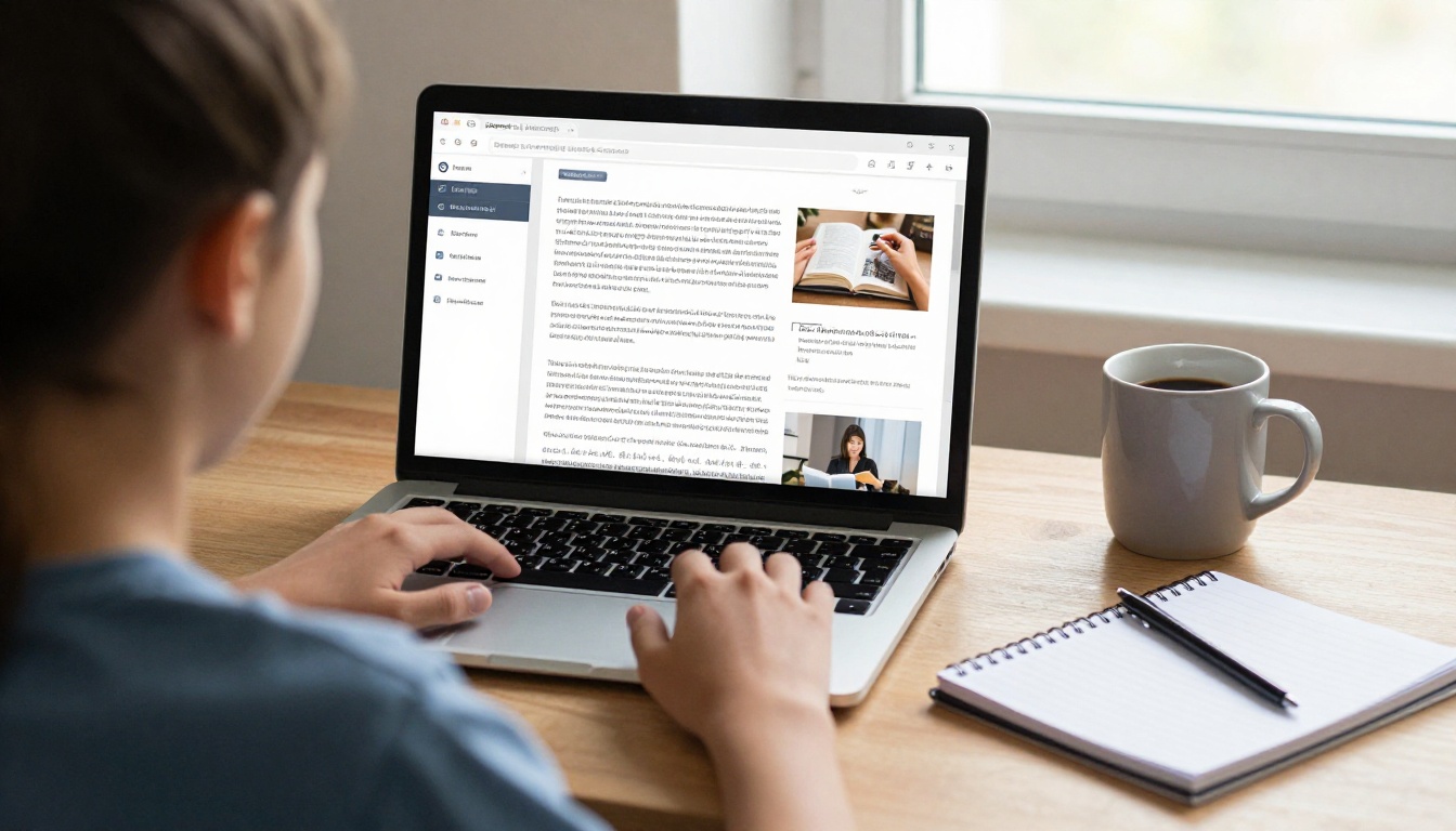 A teen viewing a page-turning digital portfolio on a laptop