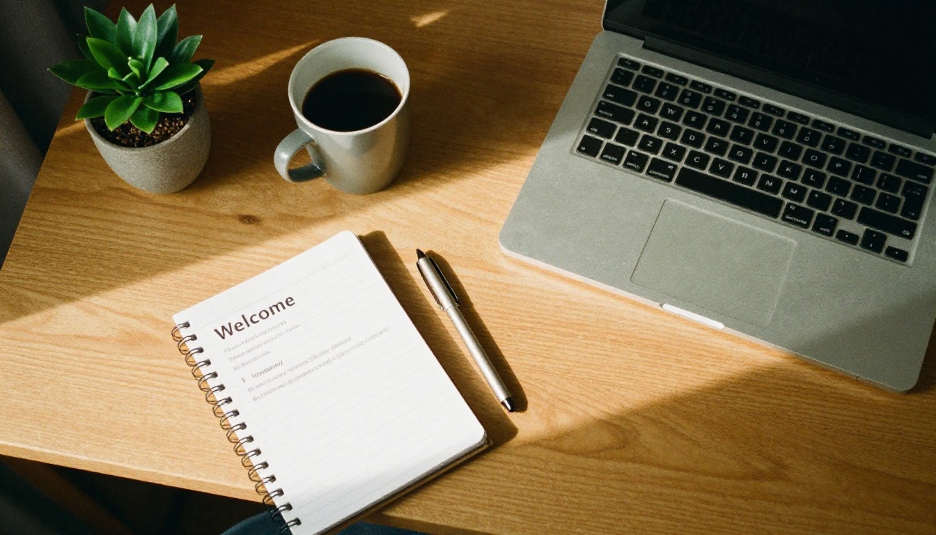 A hotel desk seen from above with a laptop, notebook, coffee and a printed welcome booklet