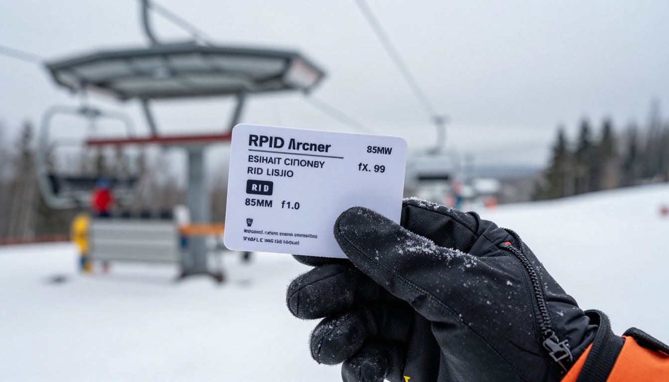 Close-up of a gloved hand holding a lift pass attached to a ski jacket zipper