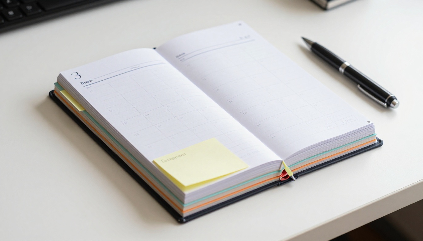 Colored subject folders, a planner and sticky tabs on a white desk