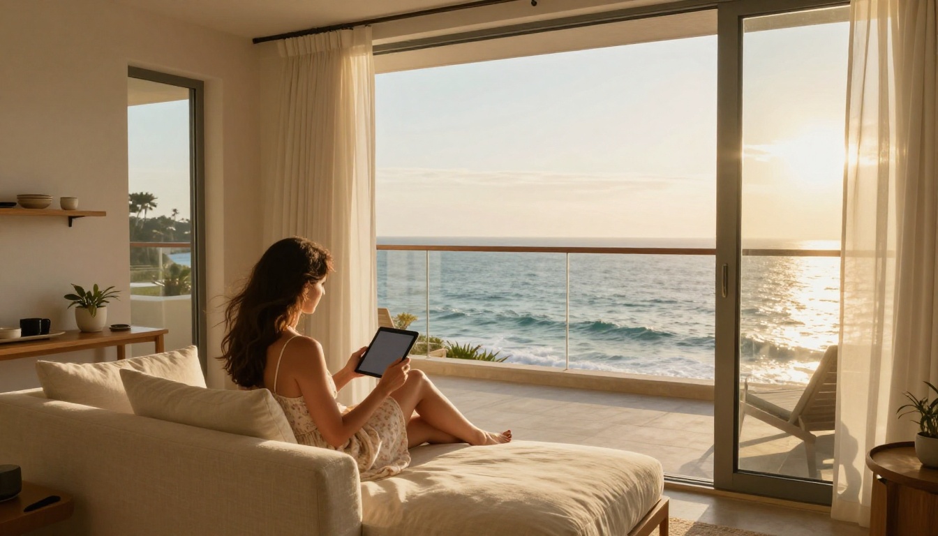 A seaside resort suite where a woman reads a tablet on a linen sofa