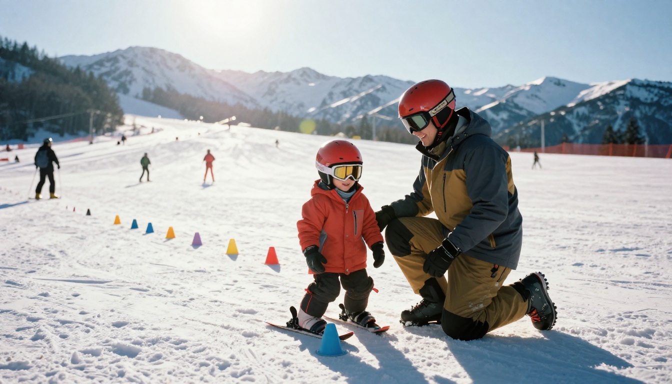 Ski instructor kneeling beside a small child in a red helmet on a beginner slope