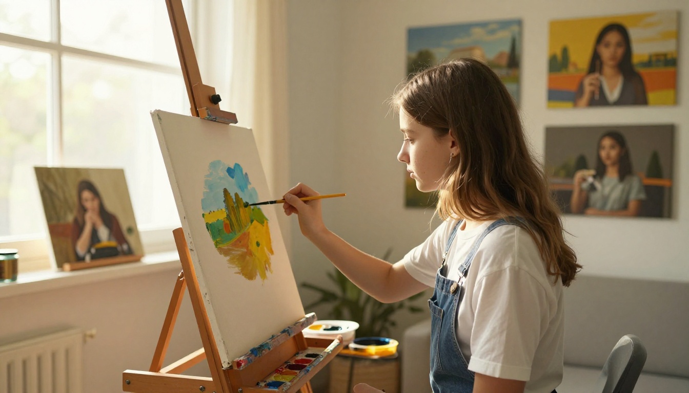 A teen painting at an easel while a parent photographs finished canvases