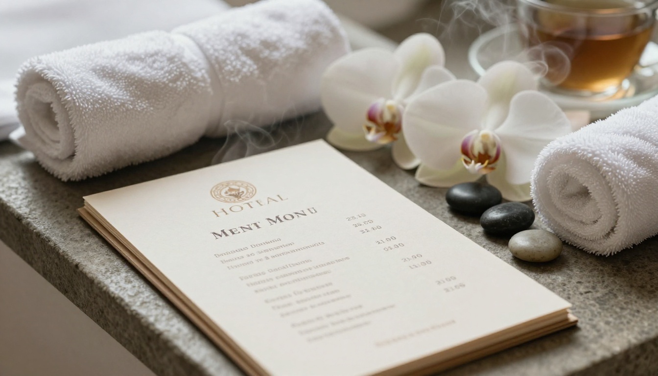 Spa treatment menu card on a stone tray beside rolled towels and an orchid