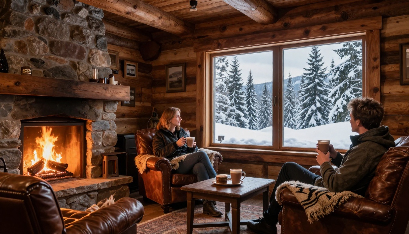 Interior of a cozy mountain lodge lounge with a stone fireplace and guests holding hot chocolate