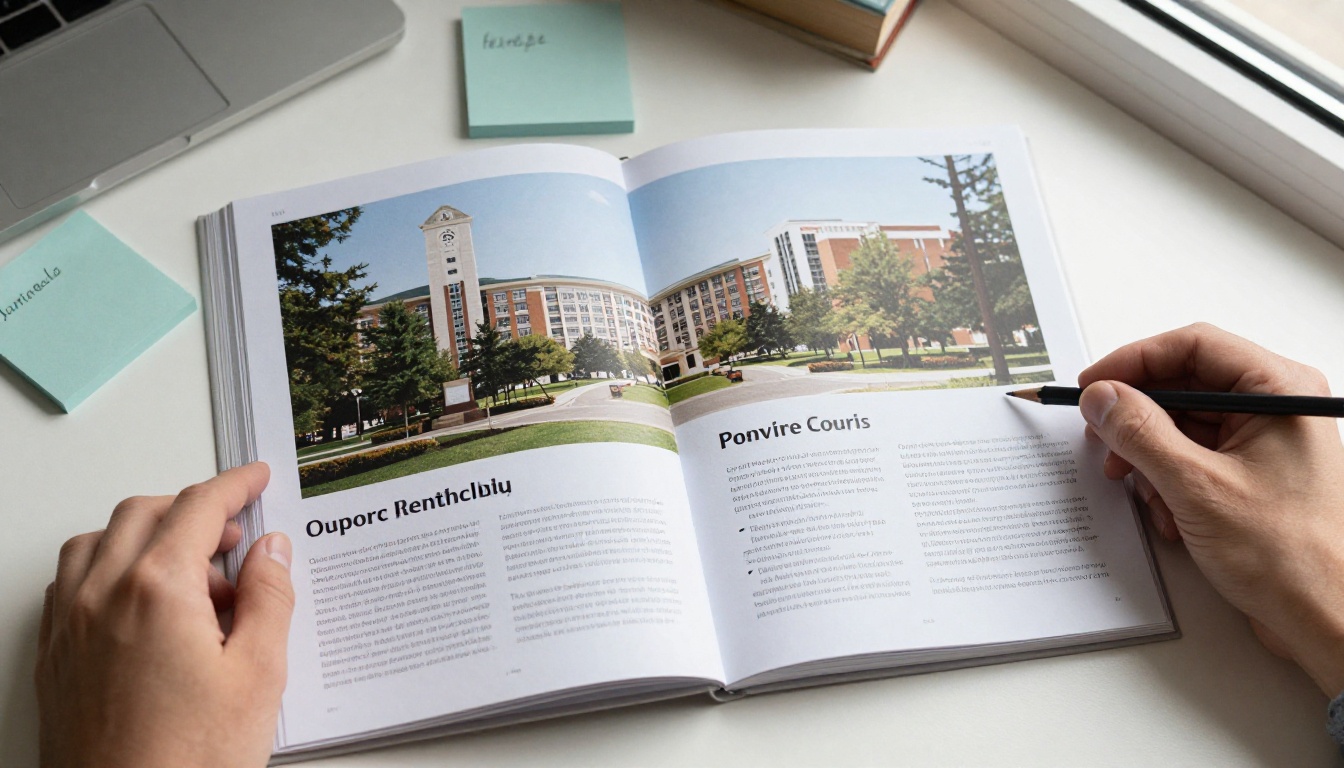 Close-up of an open college viewbook spread on an admissions desk Close-up of an open college viewbook spread on an admissions desk