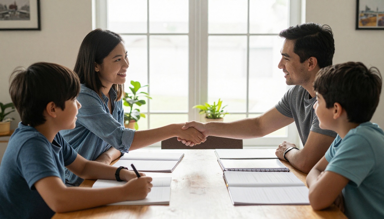 A family finishing a portfolio review with a smiling evaluator
