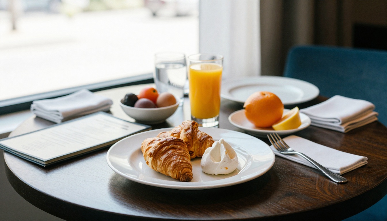 Hotel breakfast table with croissants, fruit and a folded printed menu