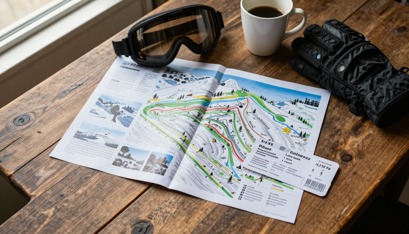 Overhead flat lay of a printed ski resort brochure, trail map, goggles and gloves on a wooden table