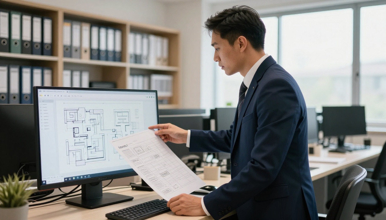 A hotel manager in a navy blazer reviewing a page layout on a large monitor