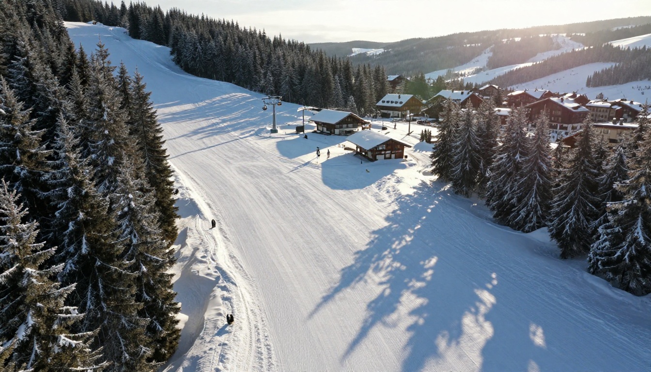 Aerial view of groomed ski trails winding through pine forest toward a base village