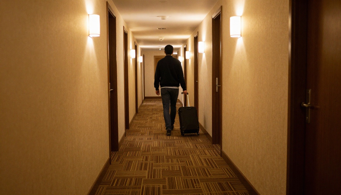 A guest with a rolling suitcase walking down a warm hotel corridor