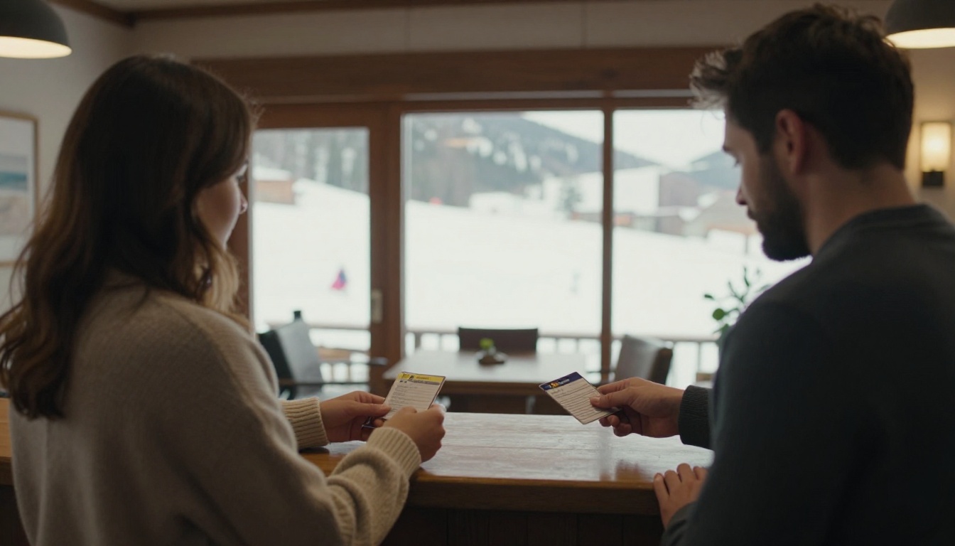 Couple checking in at a slopeside hotel reception desk with ski gear