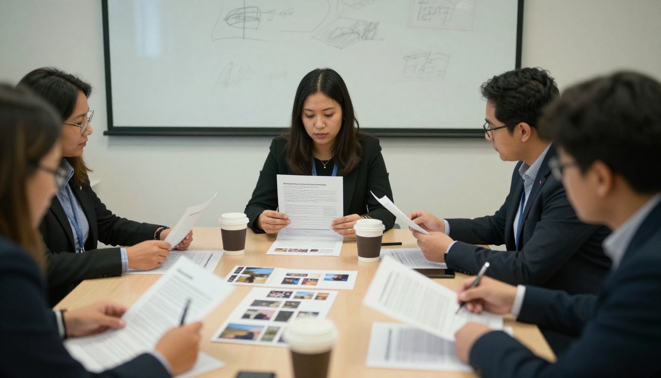 Admissions staff reviewing viewbook page proofs around a conference table Admissions staff reviewing viewbook page proofs around a conference table