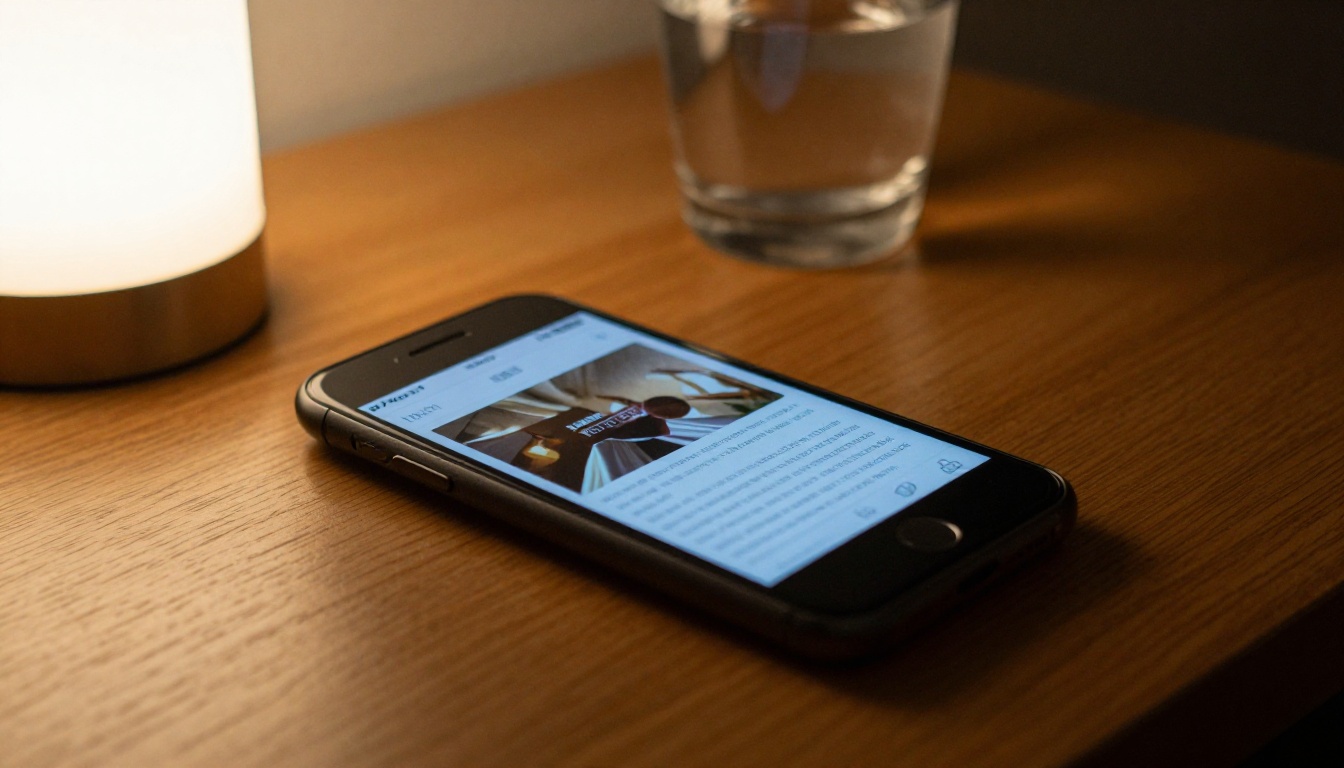 A smartphone on a hotel nightstand beside a glass of water and a small lamp