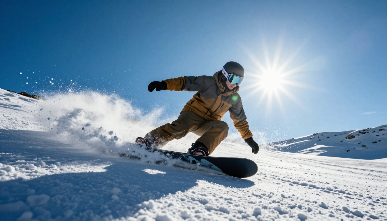 Snowboarder throwing powder on a sunlit open bowl under a blue sky